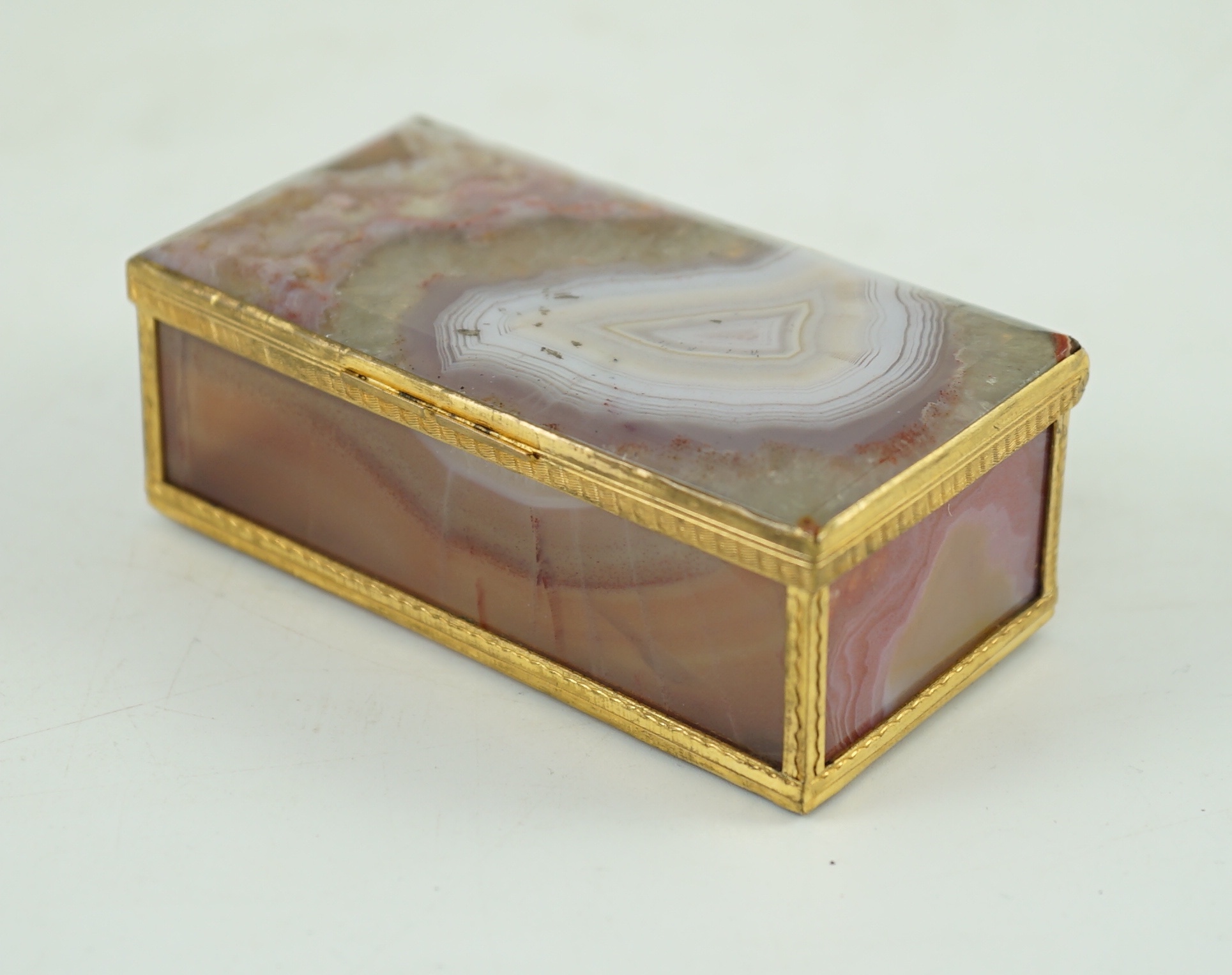 A German gold mounted banded agate rectangular snuff box